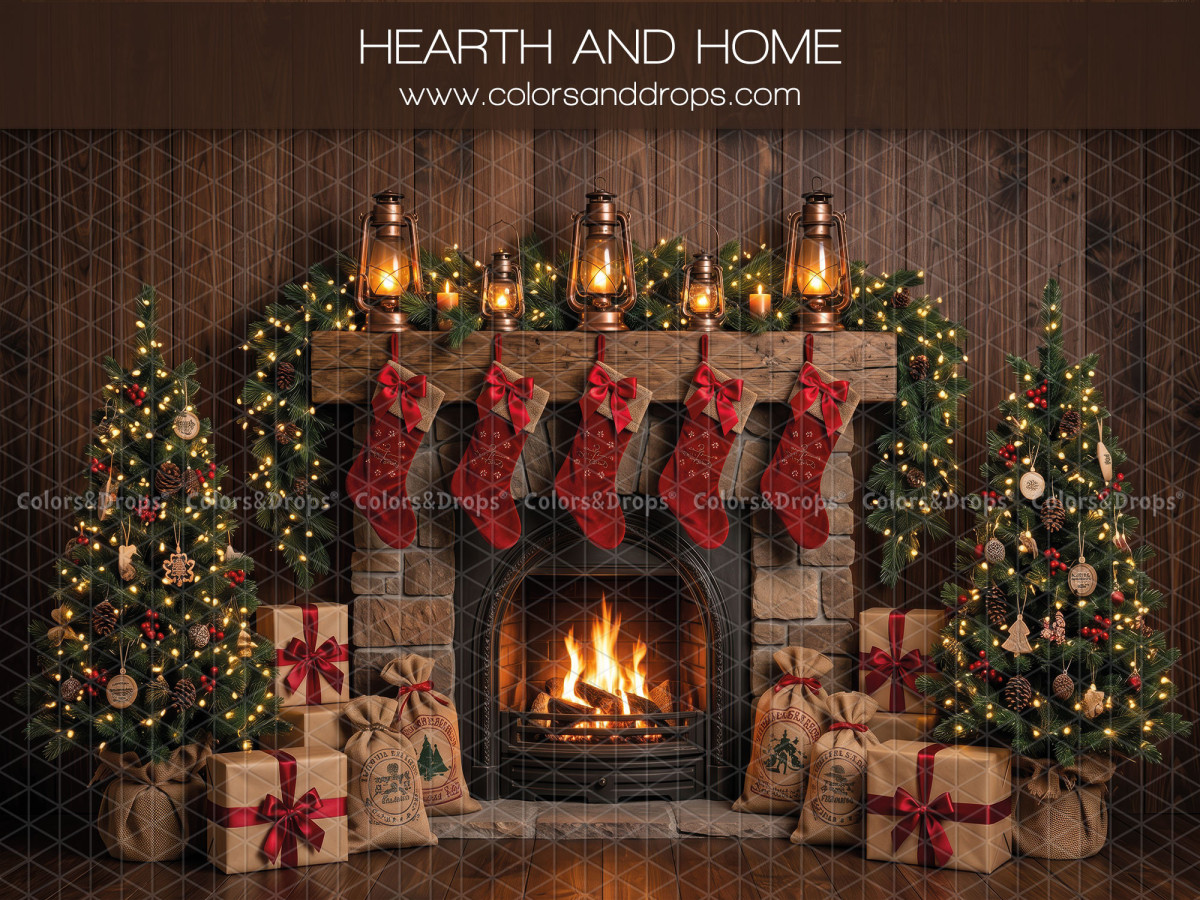 Christmas photo backdrop Hearth and Home – brick Christmas fireplace with stockings and trees | Colors&Drops