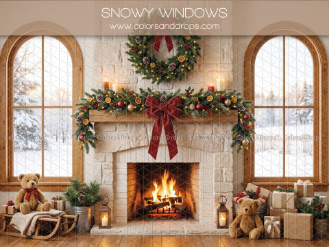 Christmas photo backdrop Snowy Windows – Christmas fireplace between snowy windows | Colors&Drops