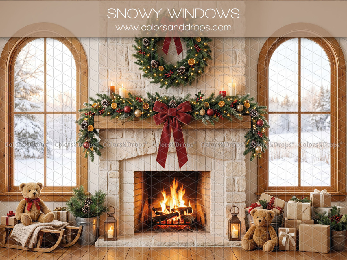 Christmas photo backdrop Snowy Windows – Christmas fireplace between snowy windows | Colors&Drops