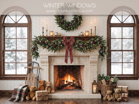 Christmas photo backdrop Winter Windows – white Christmas fireplace with arched windows | Colors&Drops