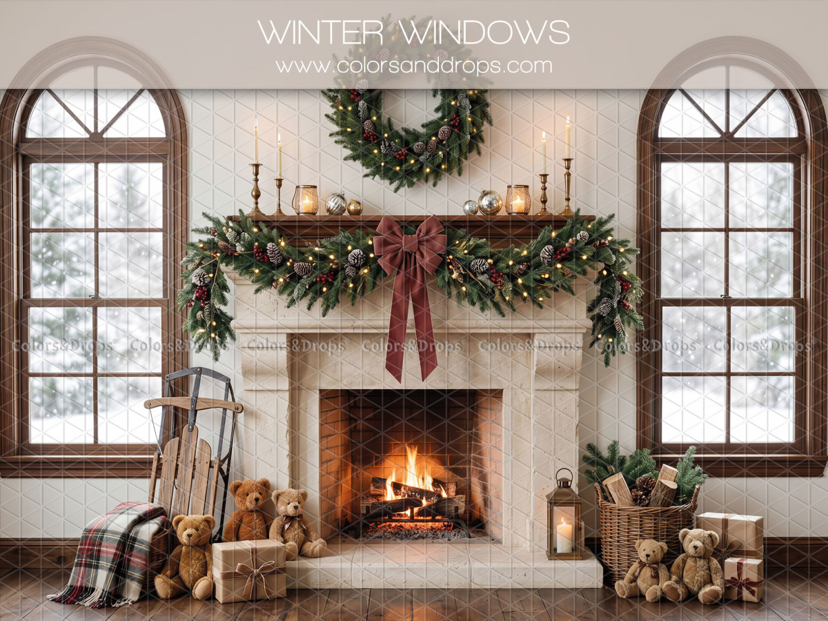 Christmas photo backdrop Winter Windows – white Christmas fireplace with arched windows | Colors&Drops