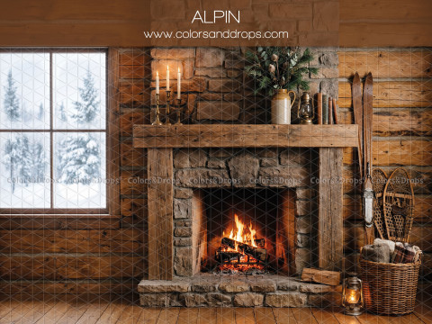 Christmas photo backdrop Alpin – chalet with stone fireplace and snowy window | Colors&Drops