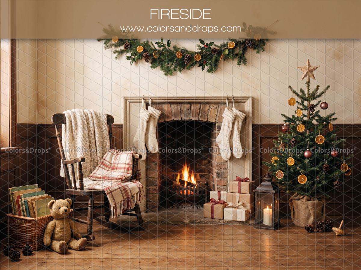 Christmas photo backdrop Fireside – Christmas living room with fireplace, rocking chair and tree | Colors&Drops