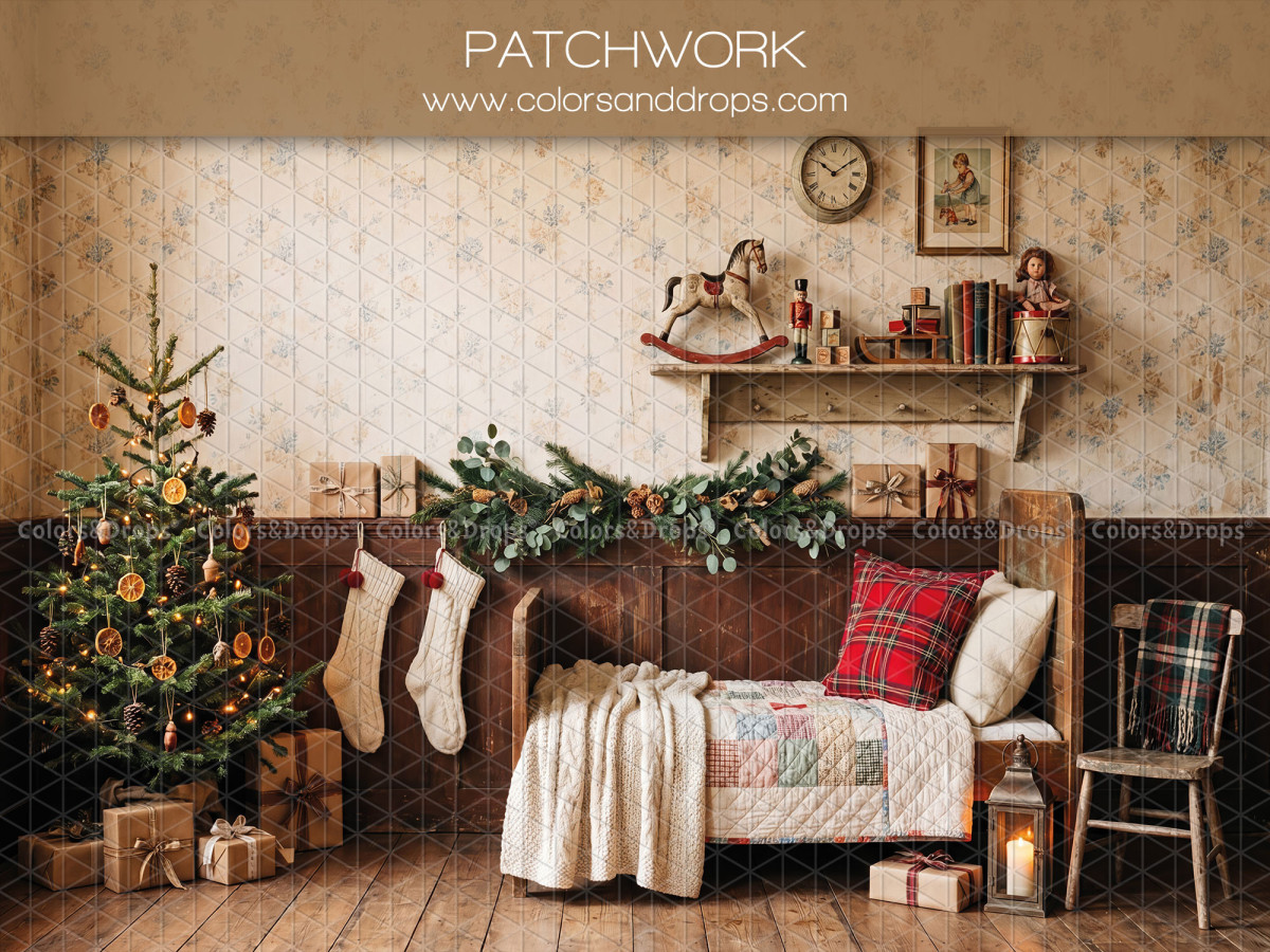 Christmas photo backdrop Patchwork – vintage Christmas room with daybed and tree | Colors&Drops