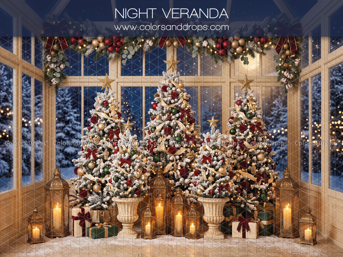 Fond photo de Noël Night Veranda – véranda de nuit avec sapins enneigés et lanternes | Colors&Drops