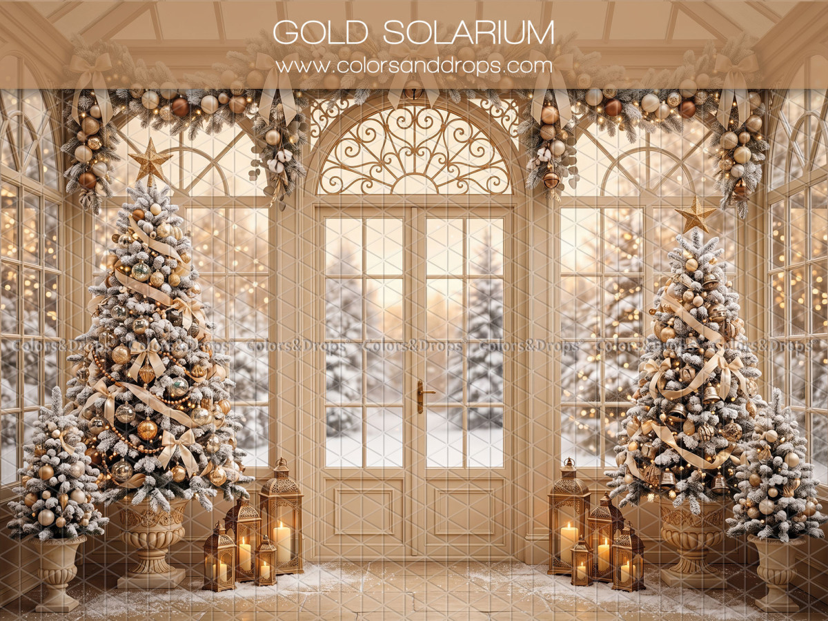 Fond photo de Noël Gold Solarium – solarium doré avec sapins enneigés et lanternes | Colors&Drops