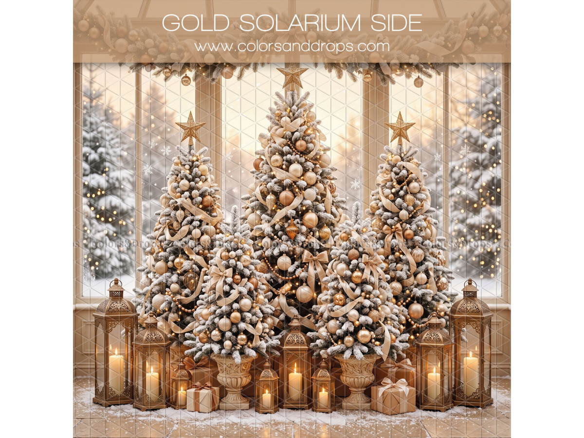 Fond photo latéral de Noël Gold Solarium Side – solarium doré avec sapins et lanternes | Colors&Drops