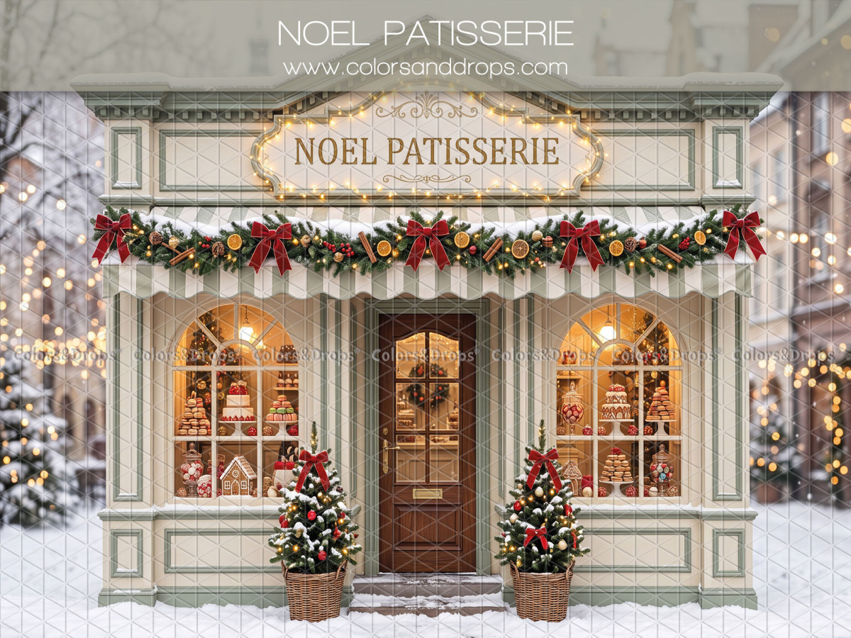 Fond photo de Noël Noel Patisserie – façade de pâtisserie de Noël enneigée | Colors&Drops