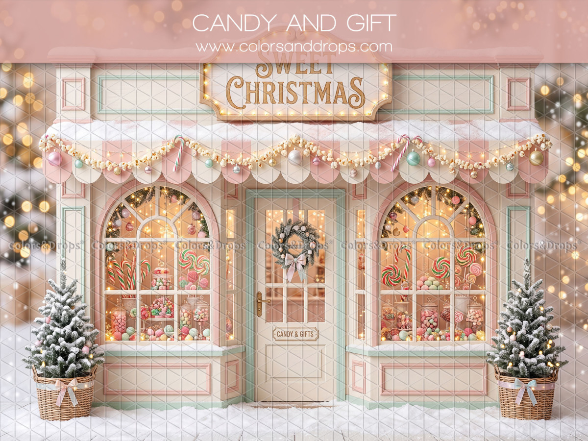 Fond photo de Noël Candy and Gift – façade de confiserie rose de Noël enneigée | Colors&Drops