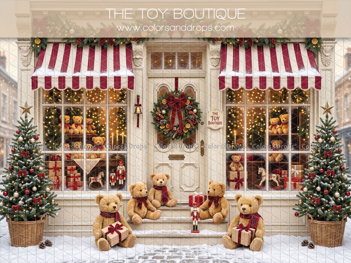 Fond photo de Noël The Toy Boutique – boutique de jouets de Noël avec auvents rayés | Colors&Drops