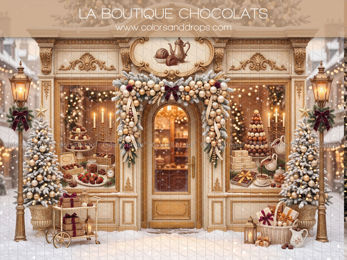 Fond photo de Noël La Boutique Chocolat – façade de chocolaterie de Noël avec guirlandes | Colors&Drops