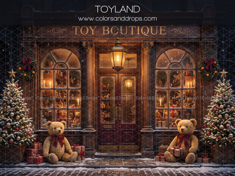 Fond photo de Noël Toyland – façade de boutique de jouets de nuit avec oursons | Colors&Drops