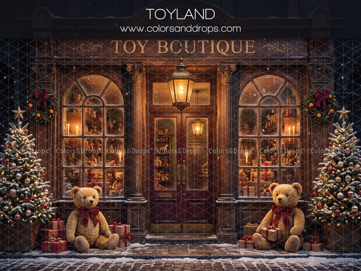 Fond photo de Noël Toyland – façade de boutique de jouets de nuit avec oursons | Colors&Drops