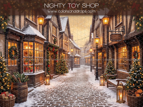 Fond photo de Noël Nighty Toy Shop – rue de village de Noël enneigée la nuit | Colors&Drops