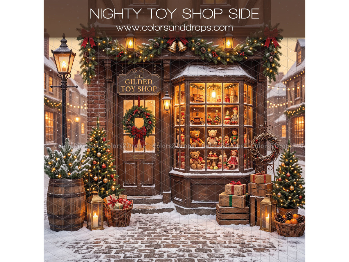 Fondo fotográfico lateral de Navidad Nighty Toy Shop Side – juguetería navideña con farola y nieve | Colors&Drops