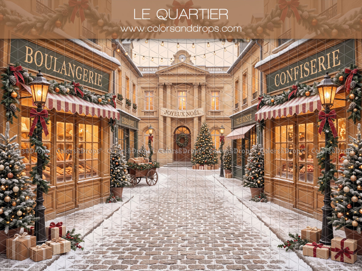 Fondo fotográfico de Navidad Le Quartier – plaza de pueblo navideño con panadería y confitería | Colors&Drops