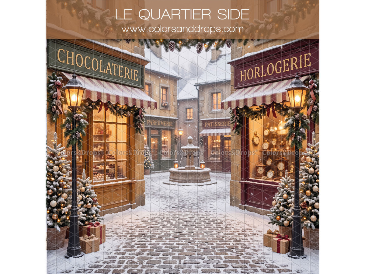 Fond photo latéral de Noël Le Quartier Side – rue de Noël avec chocolaterie et horlogerie | Colors&Drops