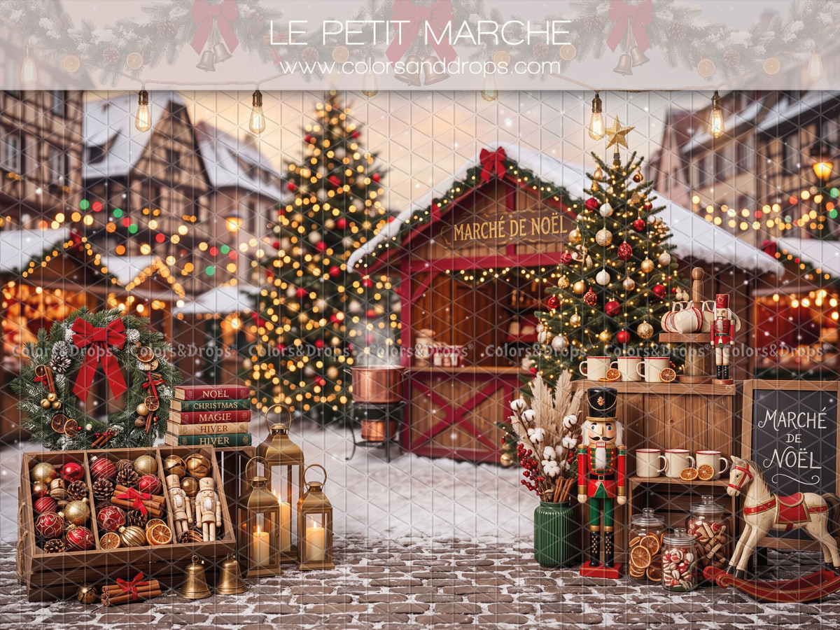 Fondo fotográfico de Navidad Le Petit Marche – mercado navideño con casetas, árboles y cascanueces | Colors&Drops