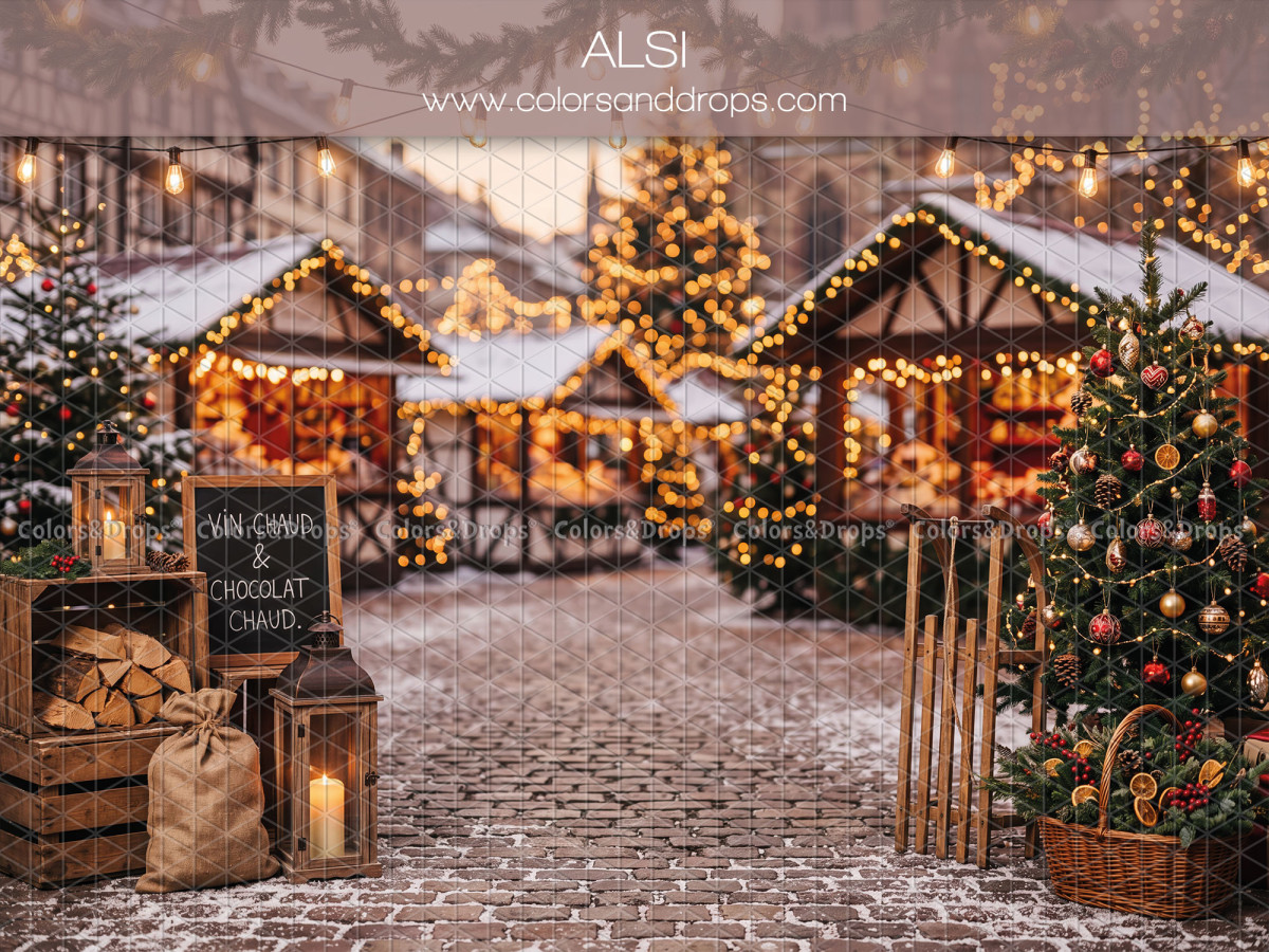 Fondo fotográfico de Navidad Alsi – mercado navideño nevado con casetas iluminadas | Colors&Drops