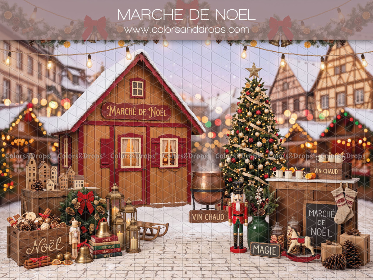 Fondo fotográfico de Navidad Marche de Noel – caseta de mercado navideño con árbol y trineo | Colors&Drops