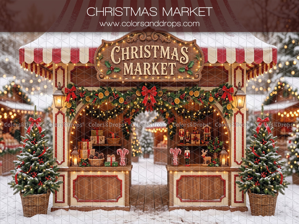 Fondo fotográfico de Navidad Christmas Market – puesto Christmas Market con toldo de rayas y árboles | Colors&Drops