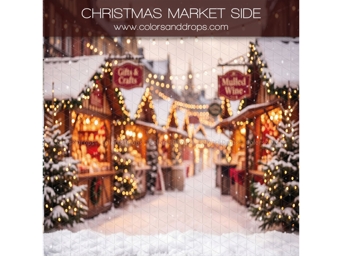 Fondo fotográfico lateral de Navidad Christmas Market Side – pasillo de mercado navideño nevado con casetas | Colors&Drops