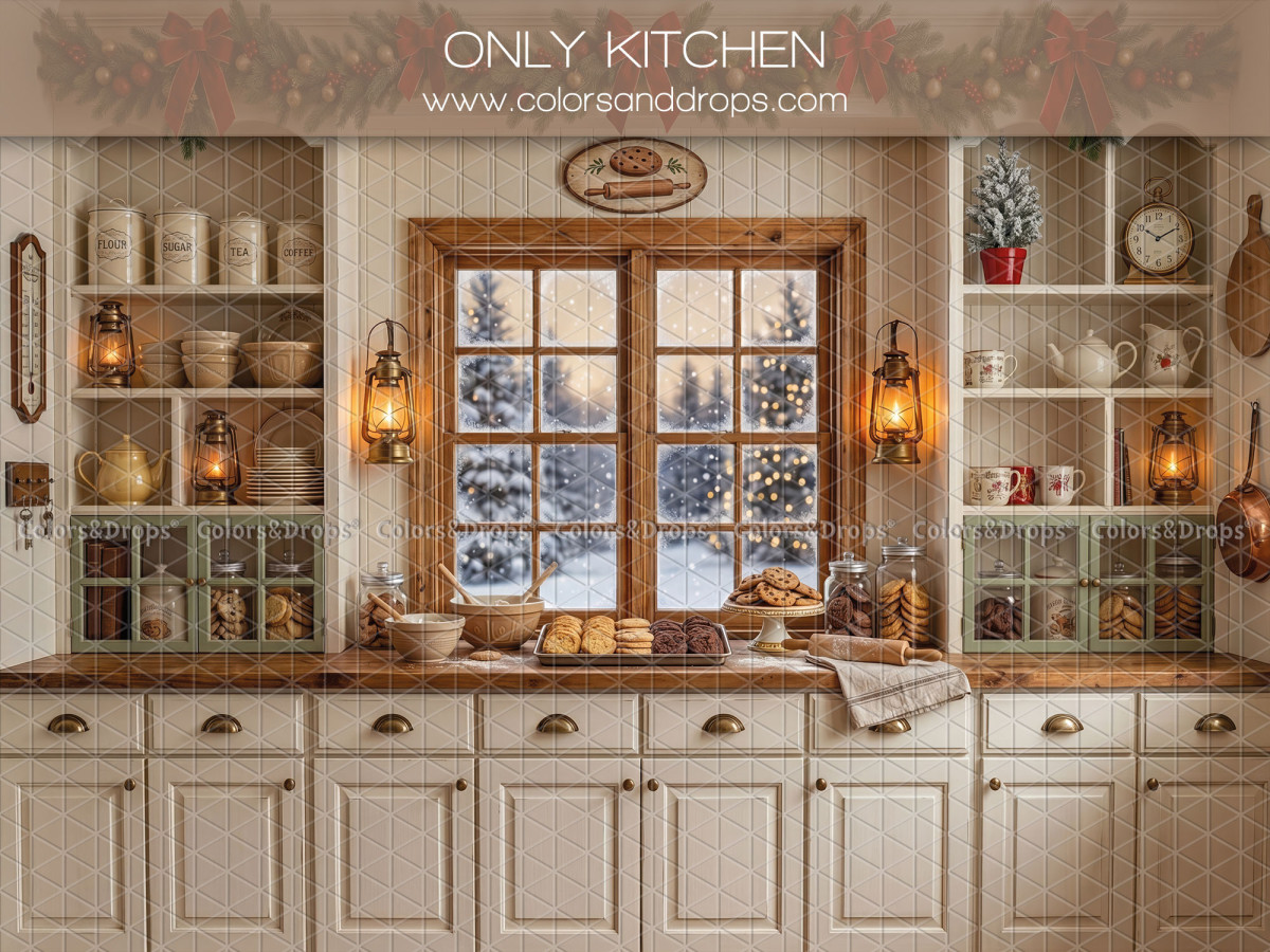 Fondo fotográfico de Navidad Only Kitchen – cocina blanca con ventana nevada y estantes | Colors&Drops