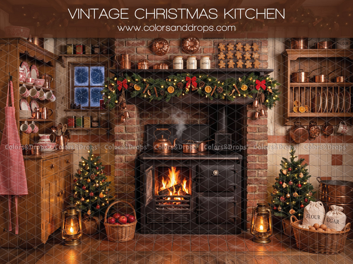 Fond photo de Noël Vintage Christmas Kitchen – cuisine de Noël vintage avec cuisinière et brique | Colors&Drops
