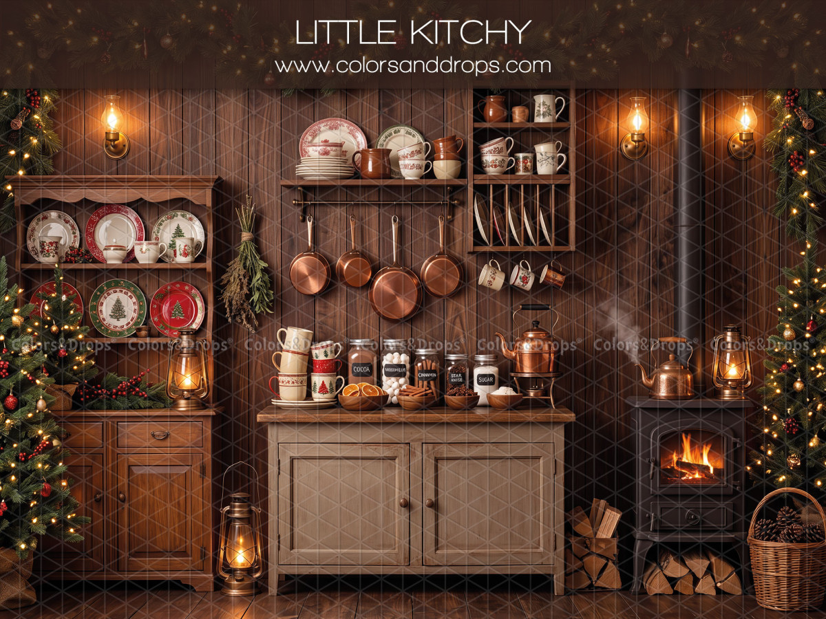 Fond photo de Noël Little Kitchy – cuisine rustique de Noël avec poêle et casseroles | Colors&Drops