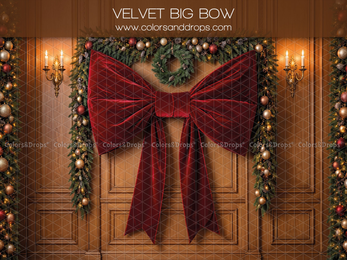 Christmas photo backdrop Velvet Big Bow – large red velvet bow on wooden door | Colors&Drops