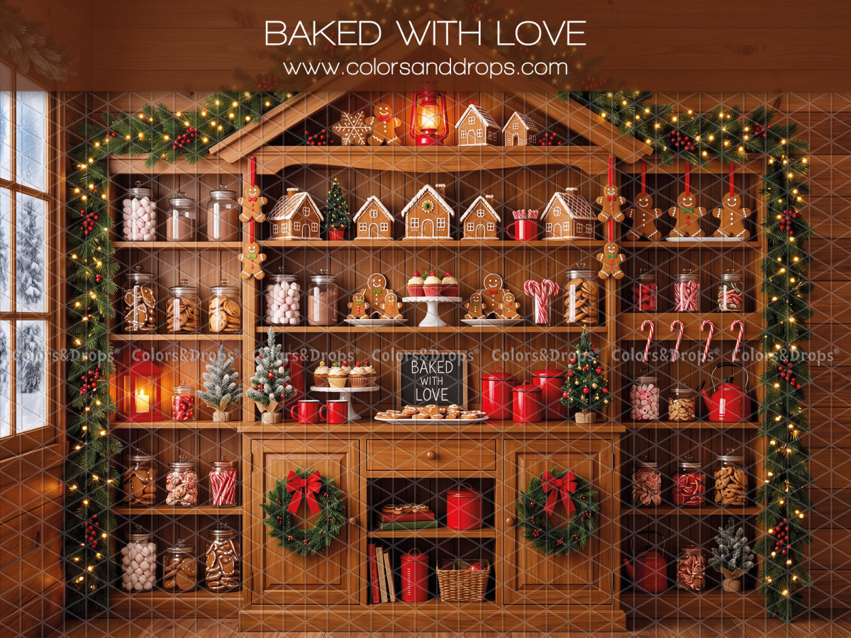 Fond photo de Noël Baked With Love – boulangerie de Noël avec étagères de pains d'épices | Colors&Drops