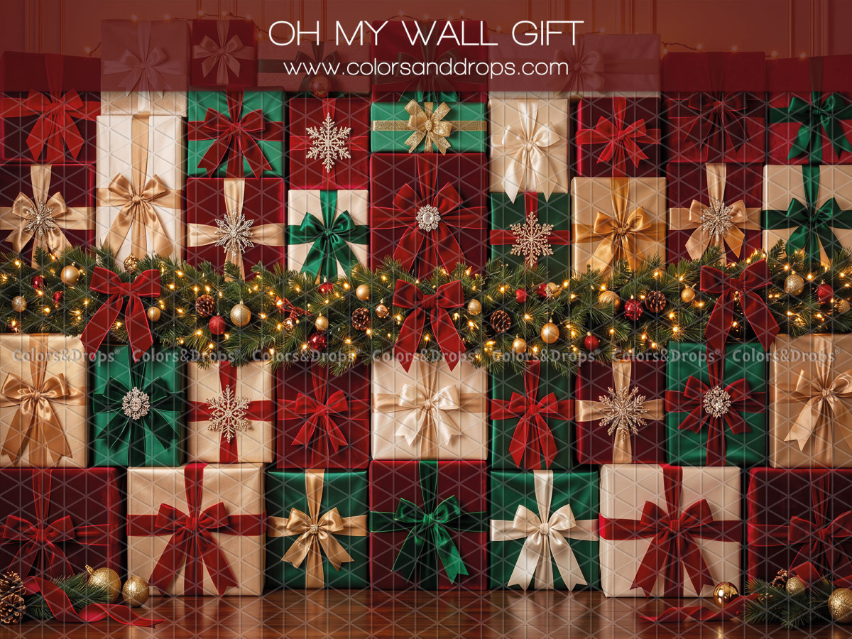 Fondo fotográfico de Navidad Oh My Wall Gift – pared de regalos navideños envueltos rojos y verdes | Colors&Drops