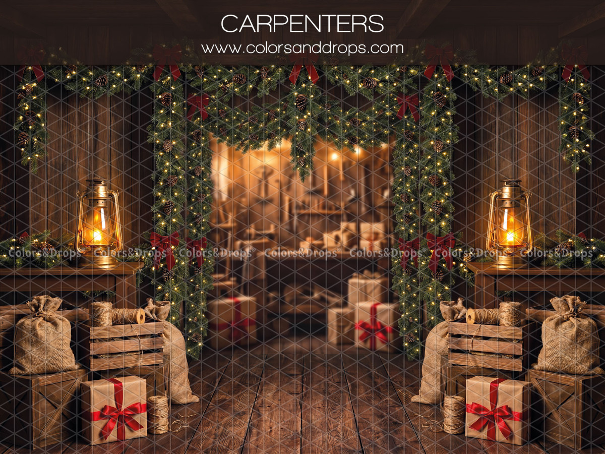 Fond photo de Noël Carpenters – atelier de menuisier de Noël avec sacs et caisses | Colors&Drops