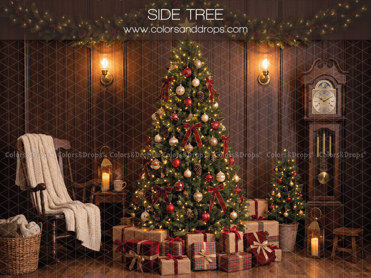 Christmas side photo backdrop Side Tree – wooden living room with Christmas tree, armchair and clock | Colors&Drops