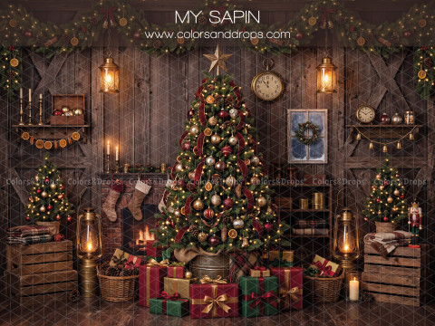 Christmas photo backdrop My Sapin – wooden barn with Christmas tree and lanterns | Colors&Drops