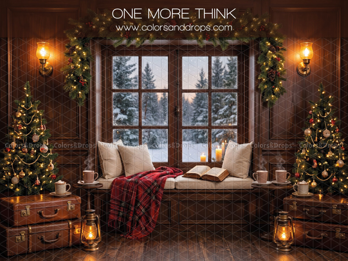 Fond photo de Noël One Morethink – banquette sous fenêtre enneigée avec sapins | Colors&Drops