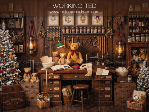 Fondo fotográfico de Navidad Working Ted – taller de juguetes navideño con ositos y escritorio | Colors&Drops