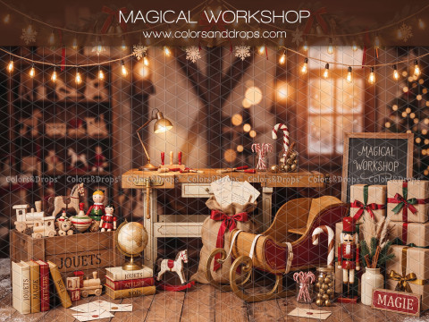 Fondo fotográfico de Navidad Magical Workshop – taller mágico de Papá Noel con trineo | Colors&Drops