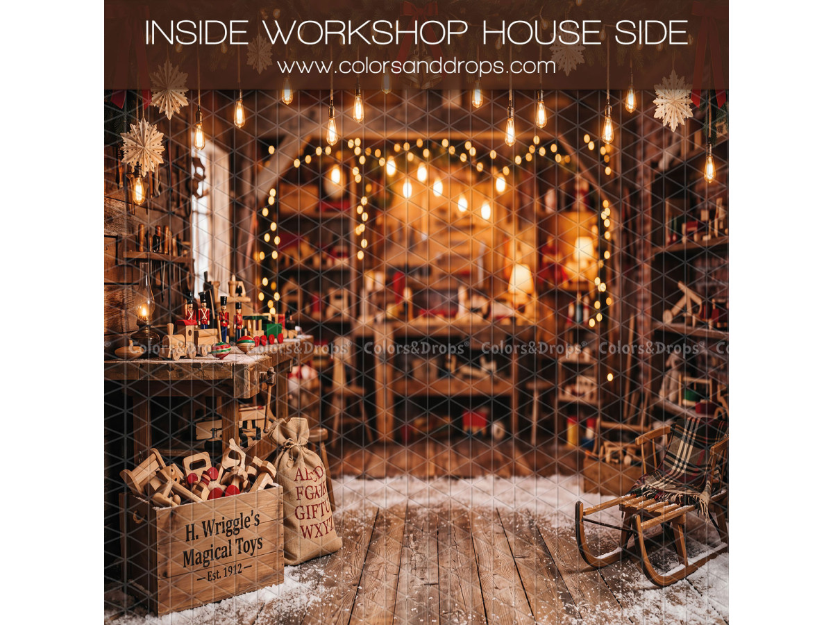 Fond photo latéral de Noël Inside Workshop House Side – atelier du Père Noël illuminé | Colors&Drops