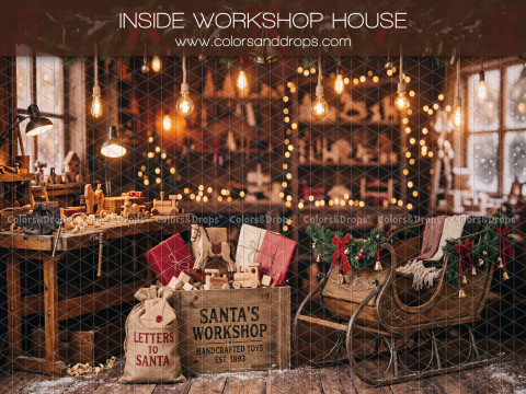 Fondo fotográfico de Navidad Inside Workshop House – interior del taller de Papá Noel con trineo | Colors&Drops