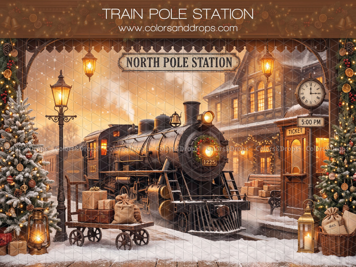 Fondo fotográfico de Navidad Train Pole Station – estación del Polo Norte con locomotora de vapor | Colors&Drops