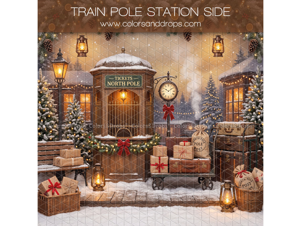 Fondo fotográfico lateral de Navidad Train Pole Station Side – taquilla de estación navideña con reloj y maletas | Colors&Drops