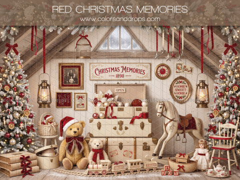 Fondo fotográfico de Navidad Red Christmas Memories – desván navideño blanco con oso, maletas y caballo | Colors&Drops