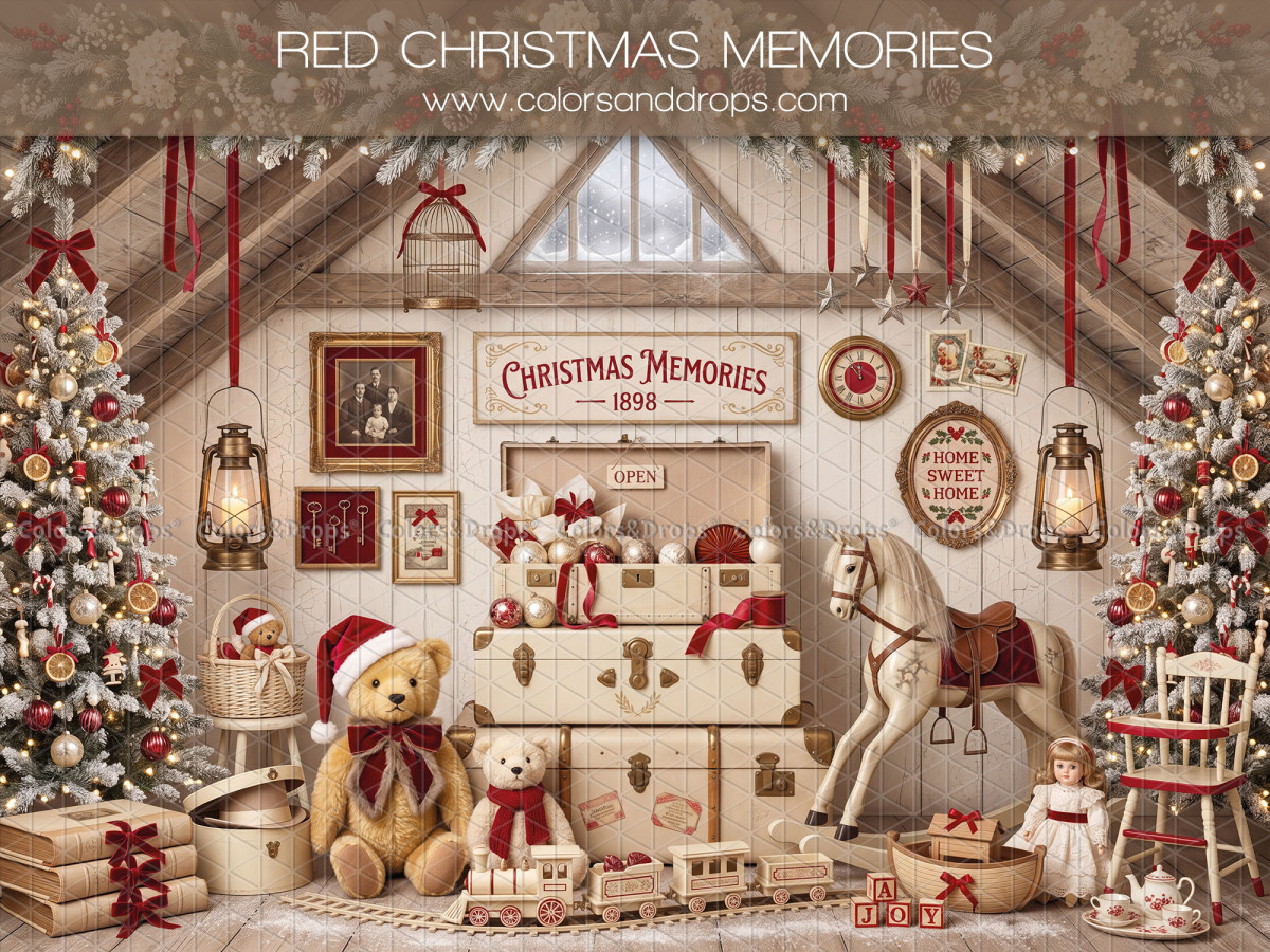 Fondo fotográfico de Navidad Red Christmas Memories – desván navideño blanco con oso, maletas y caballo | Colors&Drops