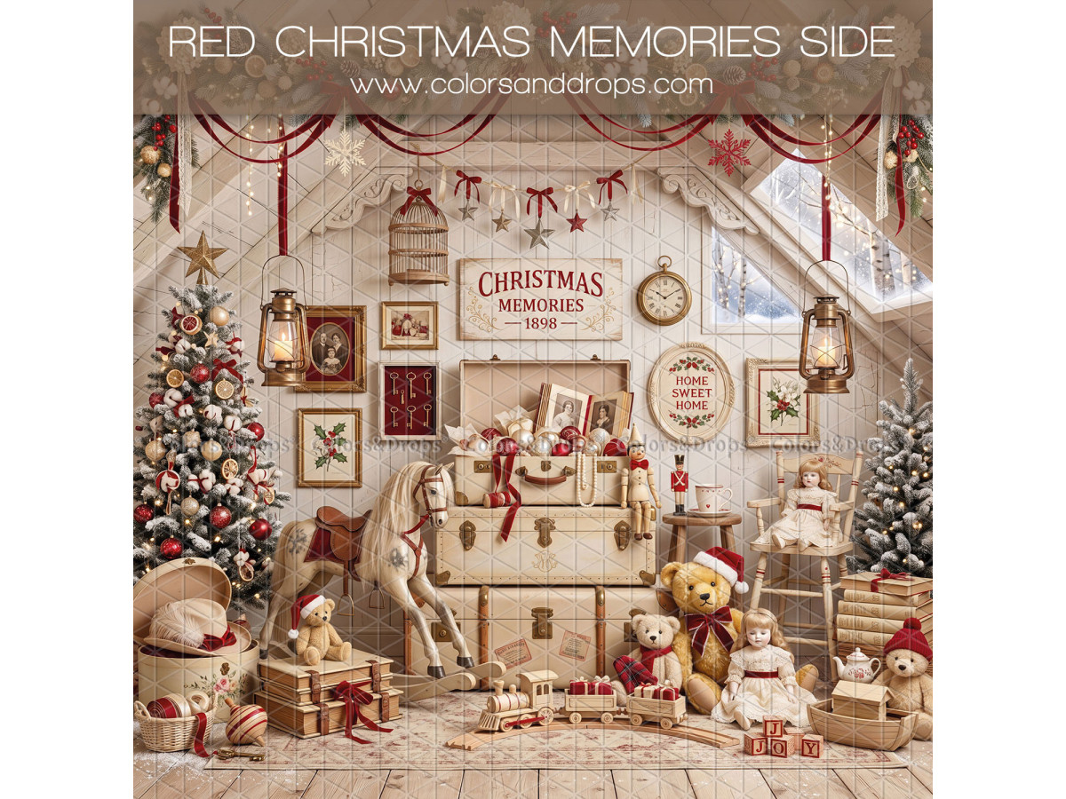Fond photo latéral de Noël Red Christmas Memories Side – grenier de Noël avec cheval à bascule et cadres | Colors&Drops