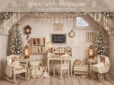 Fondo fotográfico de Navidad Once Upon Christmas – desván navideño crema con escritorio y cochecito | Colors&Drops