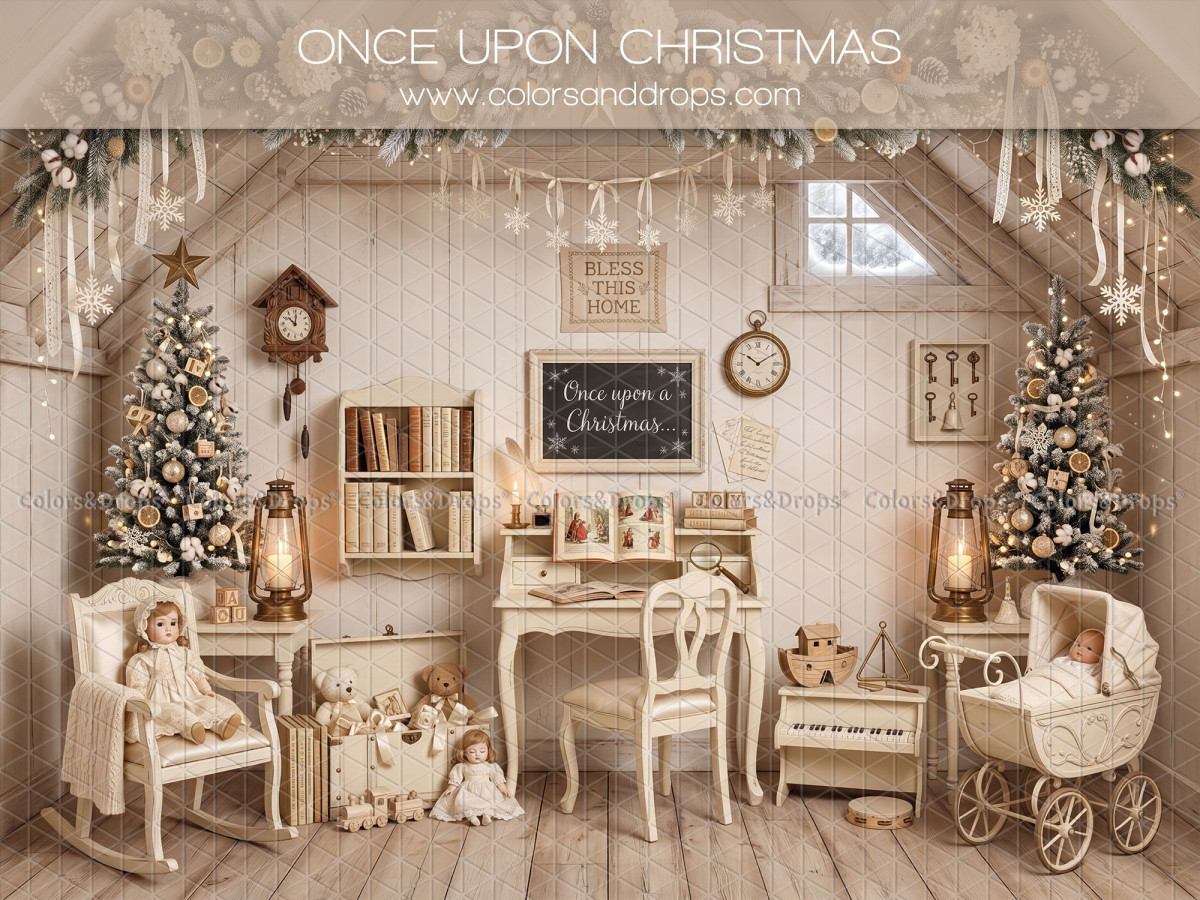 Fond photo de Noël Once Upon Christmas – grenier de Noël crème avec bureau et landau | Colors&Drops
