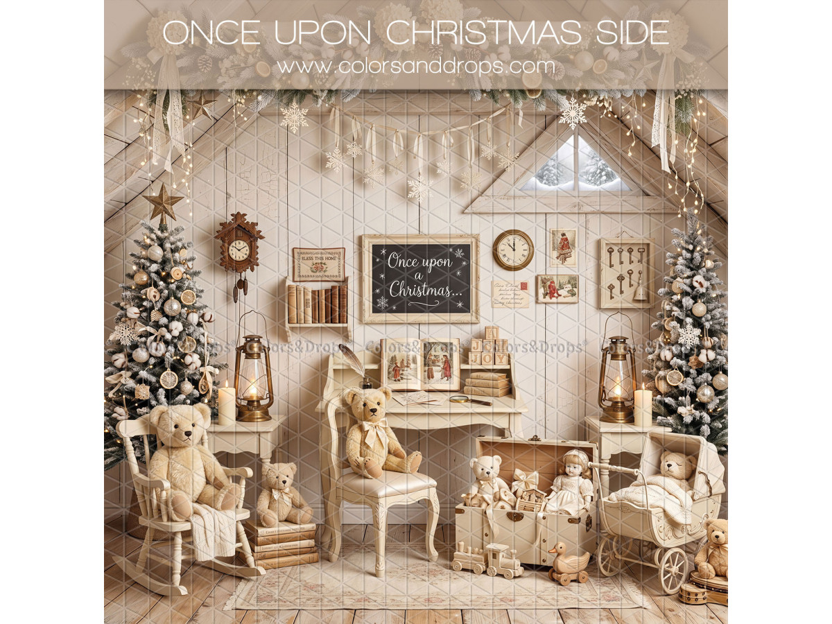 Christmas side photo backdrop Once Upon Christmas Side – cream Christmas attic with teddy bears and rocking chair | Colors&Drops