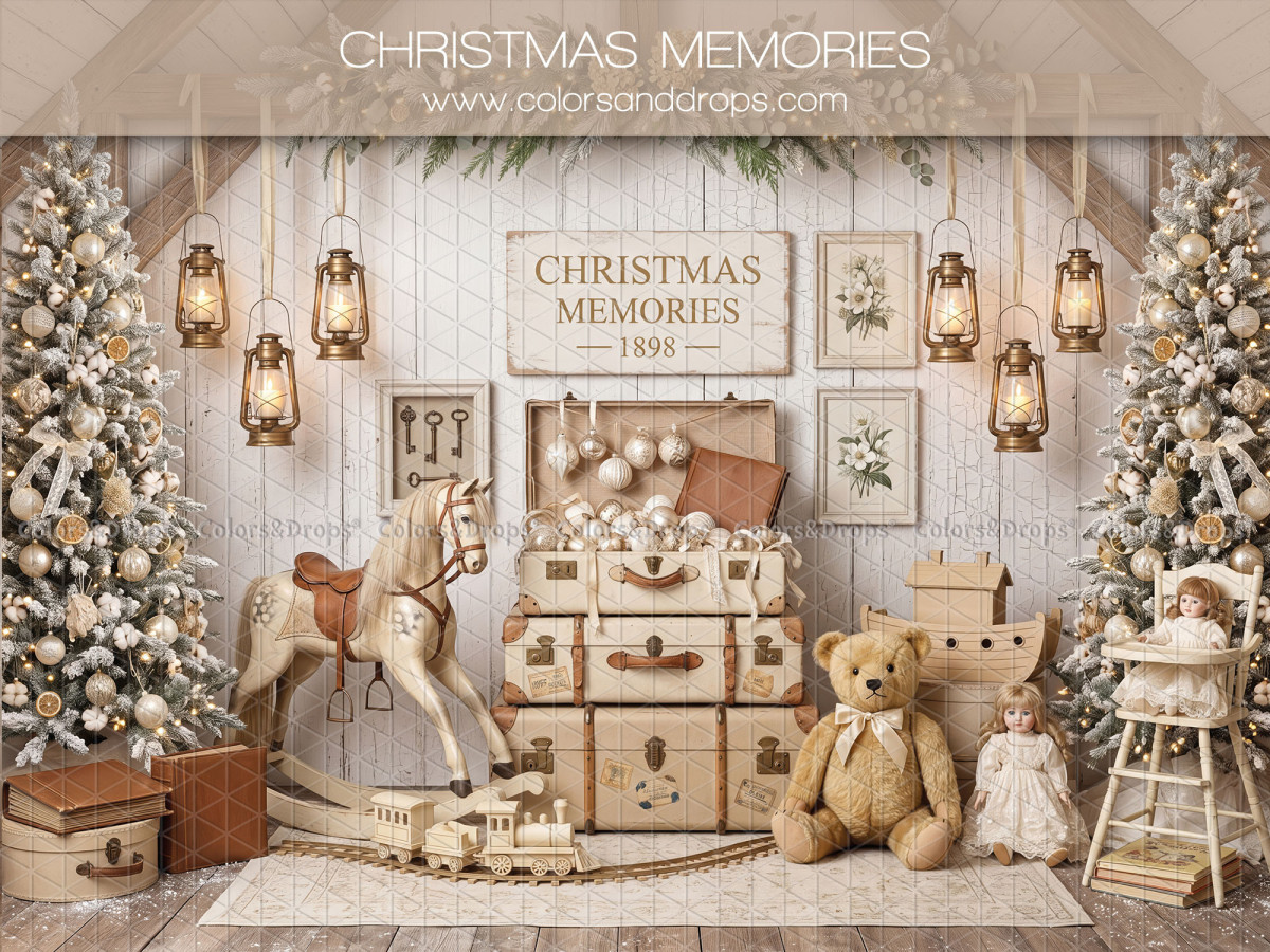 Fondo fotográfico de Navidad Christmas Memories – recuerdos navideños con baúles, caballito y oso | Colors&Drops