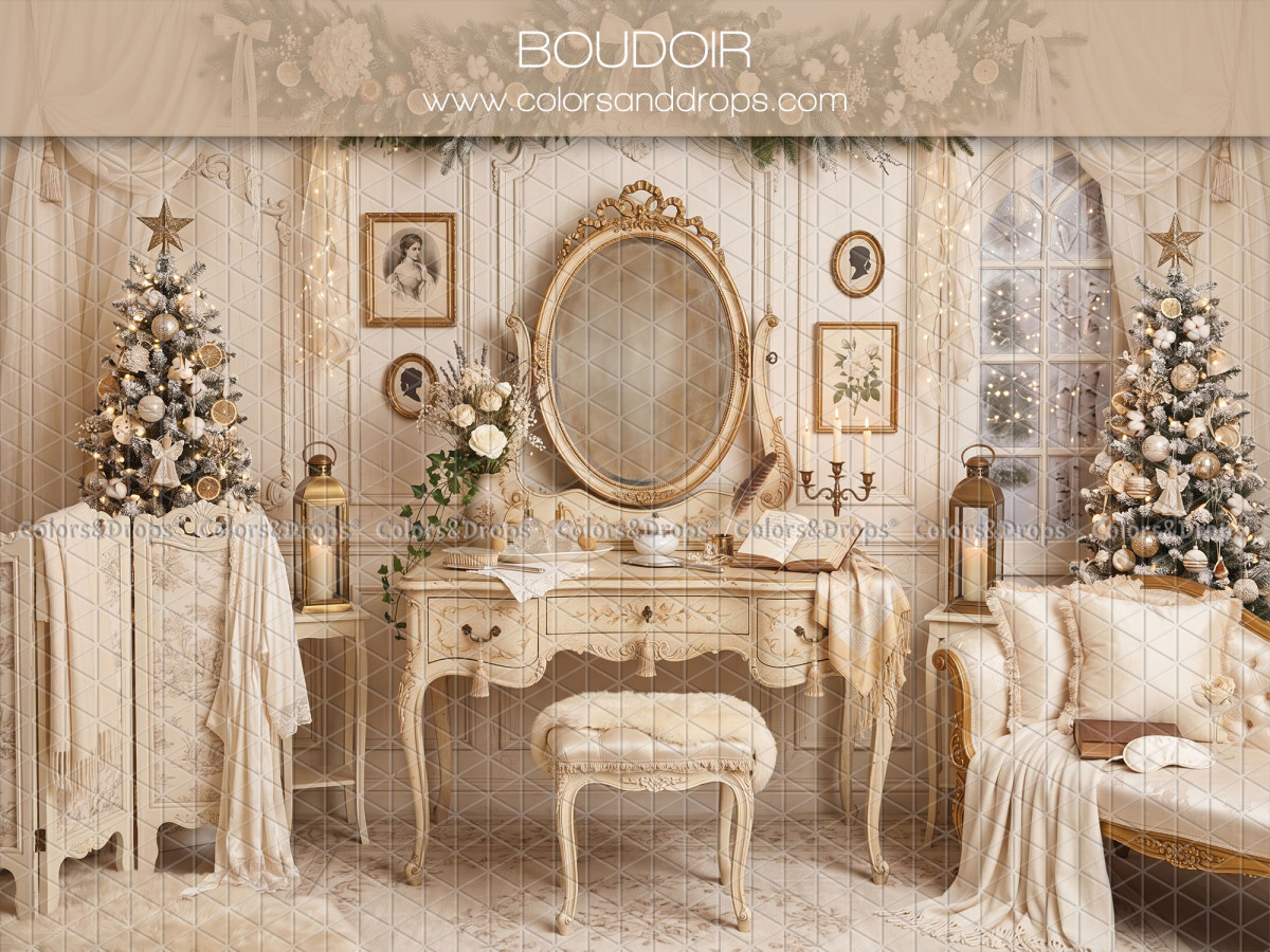Fond photo de Noël Boudoir – boudoir de Noël avec coiffeuse et miroir ovale | Colors&Drops